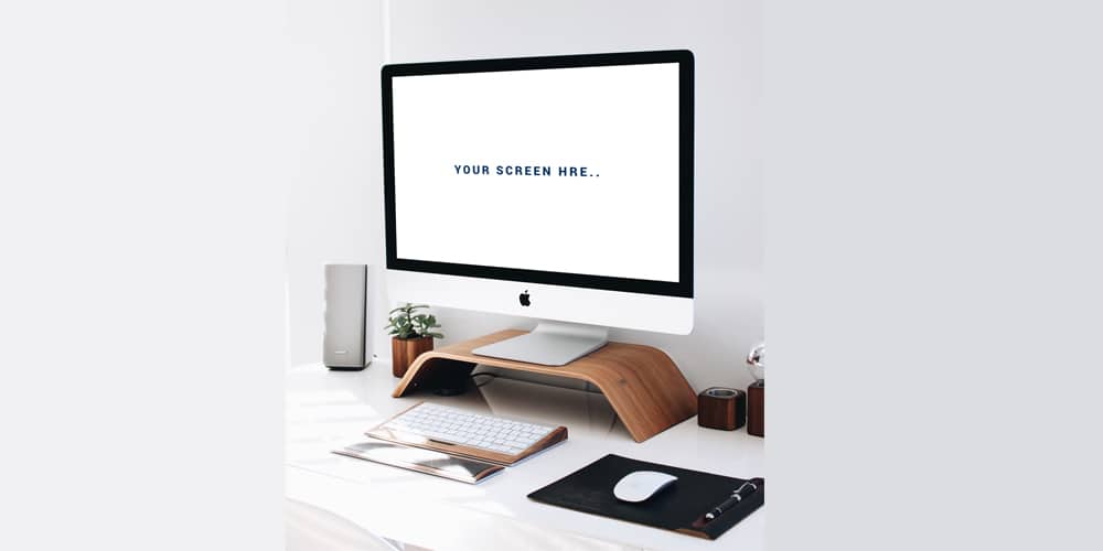 iMac on Wooden Monitor Stand Mockup