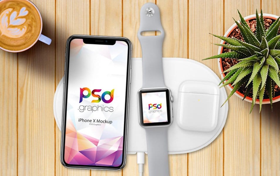 iPhone X with Apple Watch 3 Mockup Free PSD