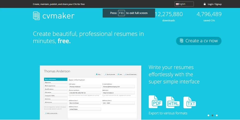 free resume builder login