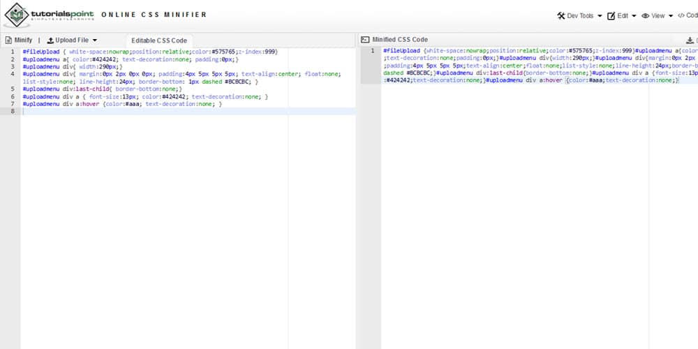 Tutorialspoint Online CSS Minifier