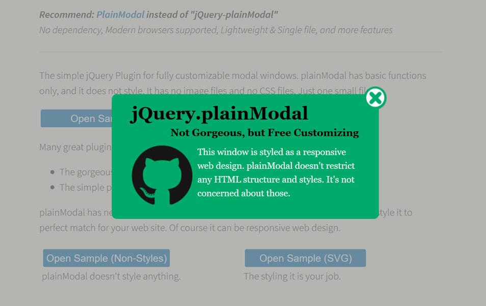 jQuery PlainModal