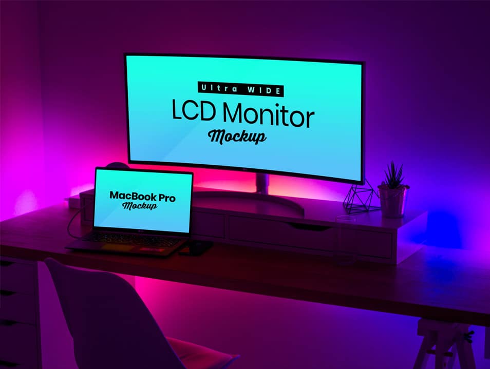 Download Free Ultra Wide Screen LCD Monitor & MacBook Pro Mockup ...