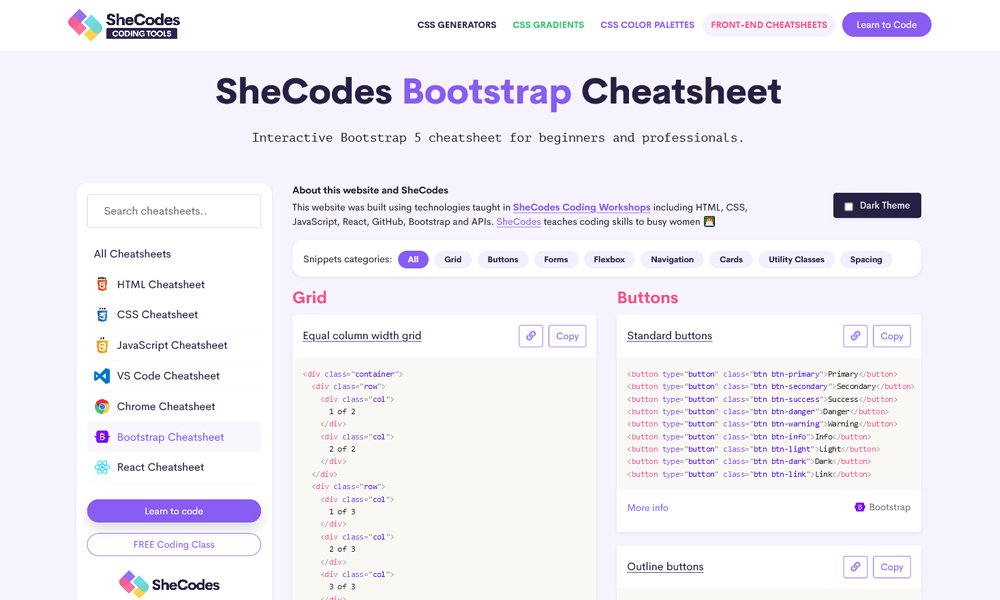 SheCodes Bootstrap Cheatsheet